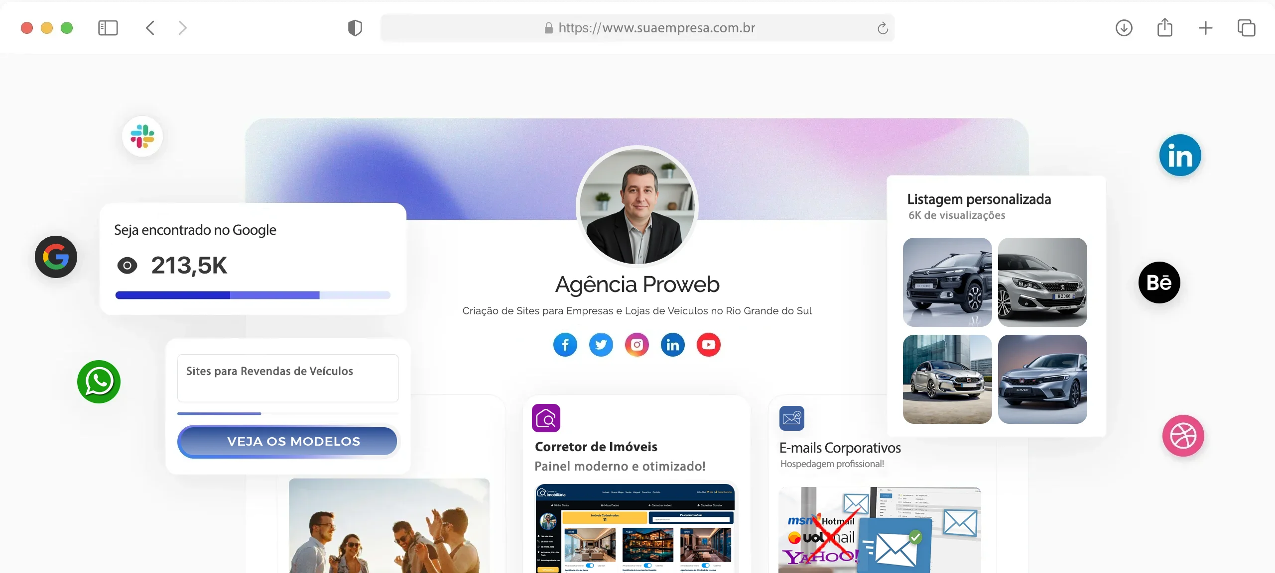 Exemplo de site institucional criado pela ProWeb com painel personalizado